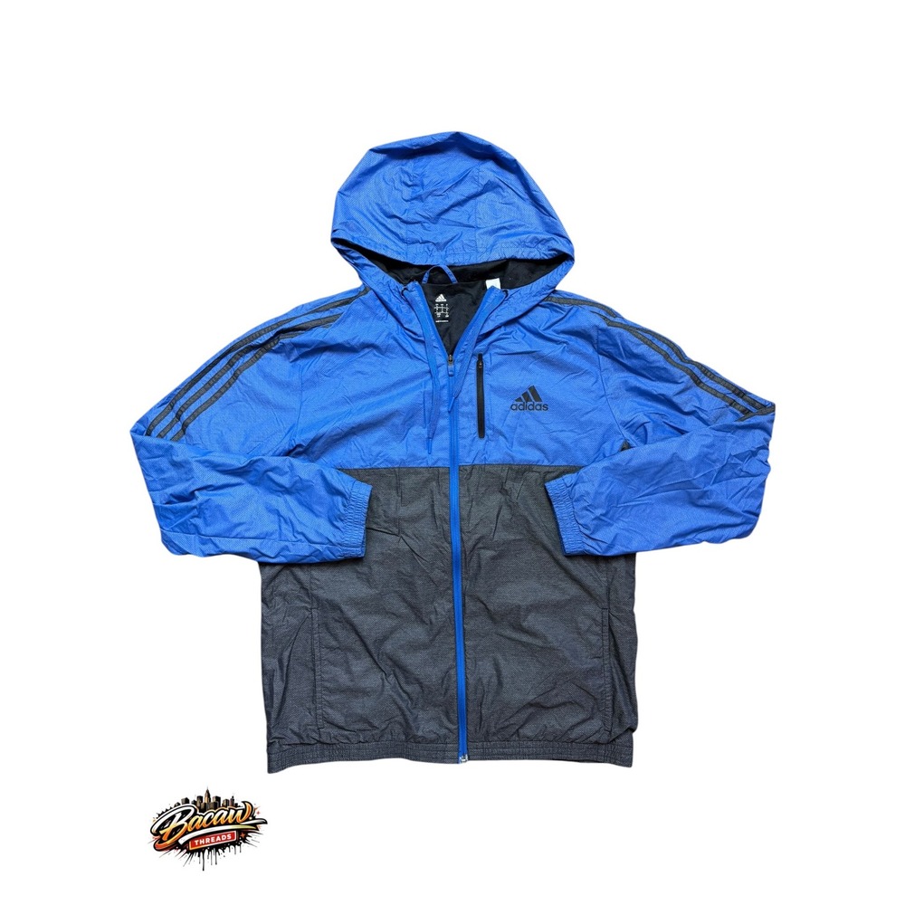 Adidas Mens Blue Gray Colorblock Hooded Nylon Windbreaker Jacket AY7436 Large